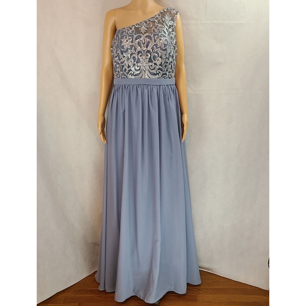 New Bridesmaid (14) Dusty Blue Chiffon Embroidered & Sequin One Shoulder Dress